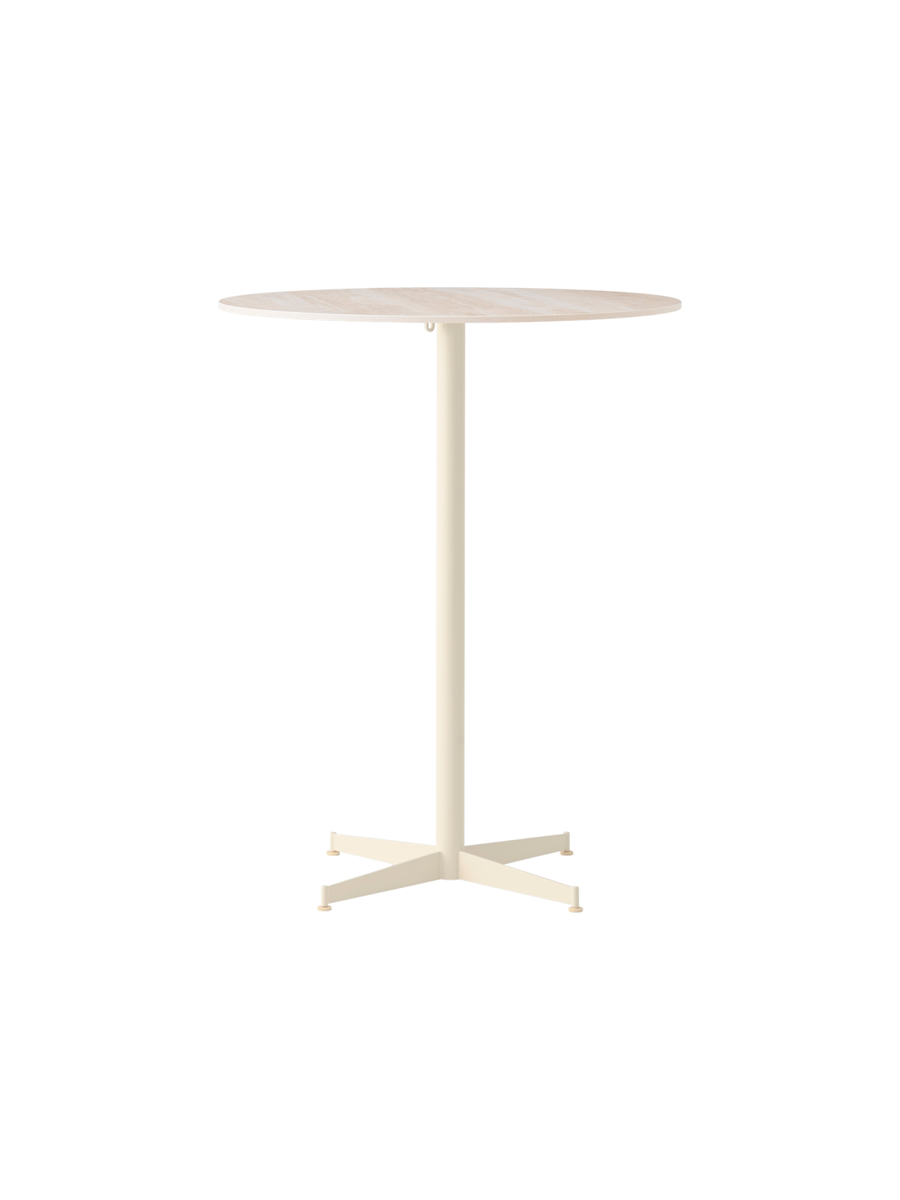 A front-facing image of the Nook Bar Table, featuring a round, light-coloured marble top and a slender, ivory steel base.
