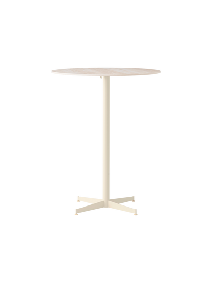 A front-facing image of the Nook Bar Table, featuring a round, light-coloured marble top and a slender, ivory steel base.