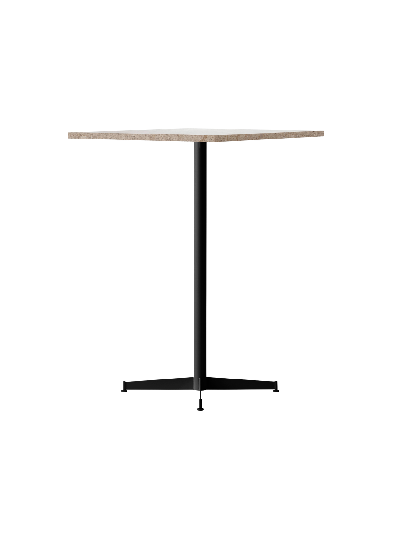 An angle view of the Nook Bar Table, featuring a round, textured stone top and a slender black steel pedestal base.