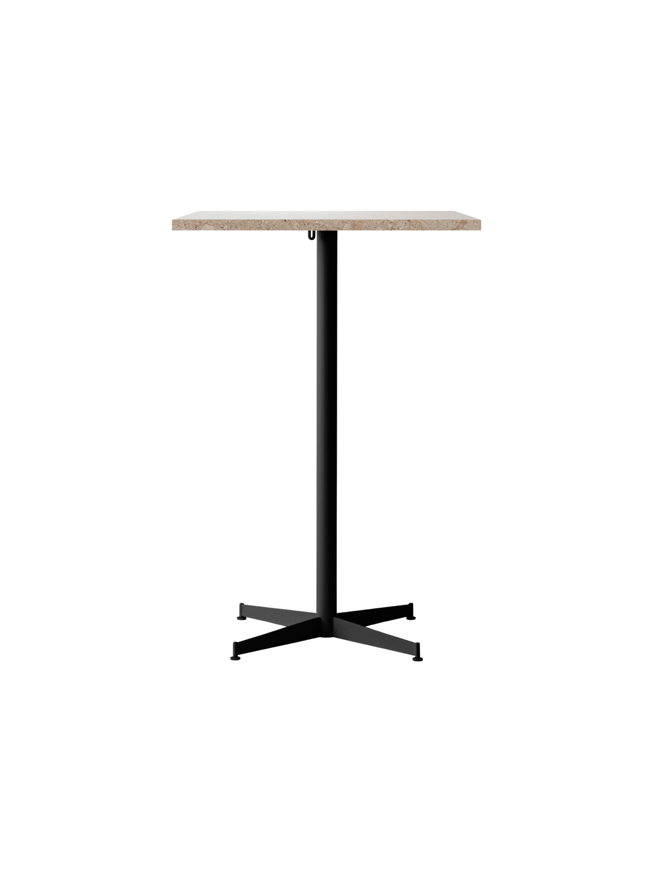Front view of the Nook Bar Table, featuring a rectangular Kunis Breccia stone top and a slim, black powder-coated steel base.
