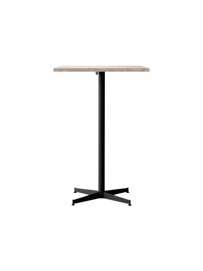 Front view of the Nook Bar Table, featuring a rectangular Kunis Breccia stone top and a slim, black powder-coated steel base.