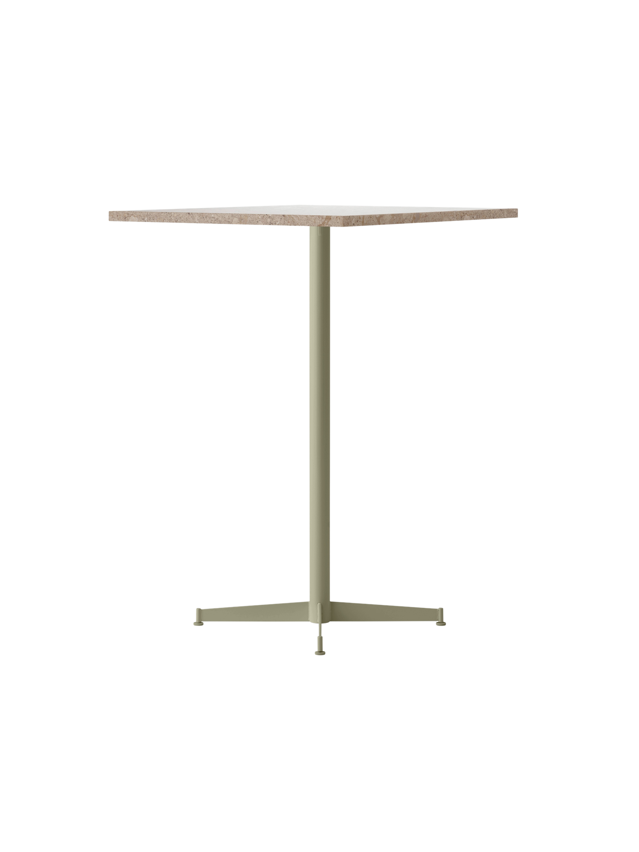 Angle view of the Nook Bar Table with a round Kunis Breccia stone top and an ivory powder-coated steel pedestal base.