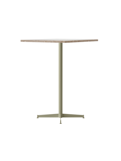 Angle view of the Nook Bar Table with a round Kunis Breccia stone top and an ivory powder-coated steel pedestal base.
