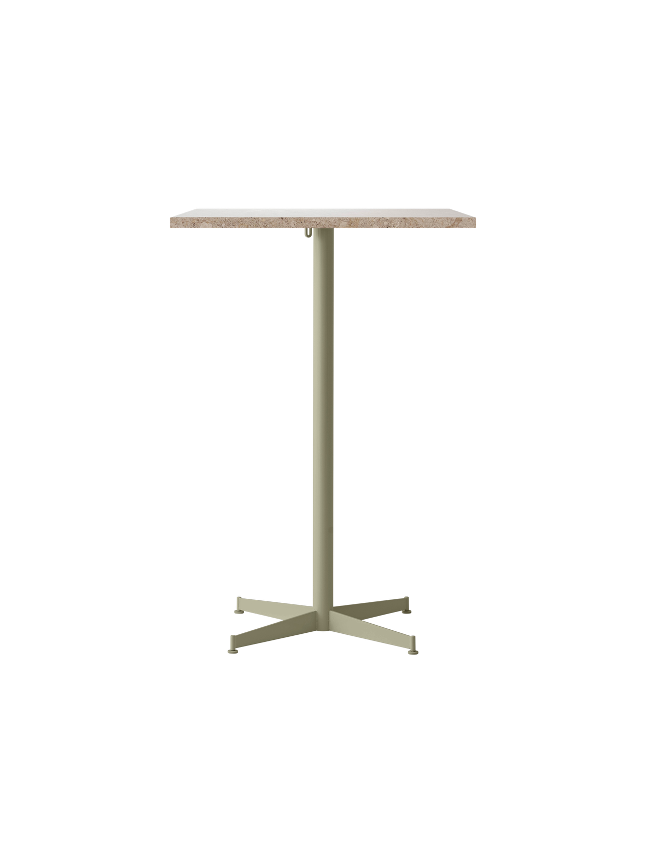 A front view of the Nook Bar Table featuring a rectangular Kunis Breccia Stone tabletop on a slim, olive-coloured steel base.