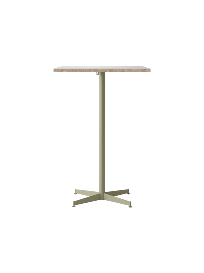 A front view of the Nook Bar Table featuring a rectangular Kunis Breccia Stone tabletop on a slim, olive-coloured steel base.