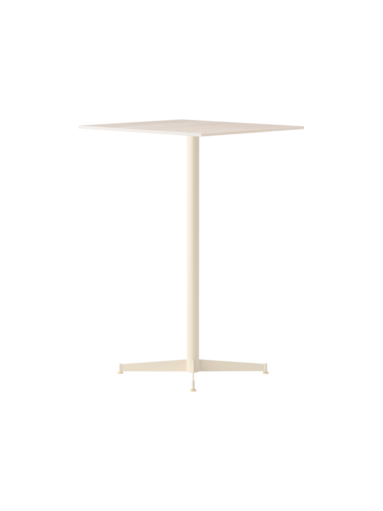 The Nook Bar Table, shown at an angle, features an ivory finish, a square top, and a central column on a four-legged base.