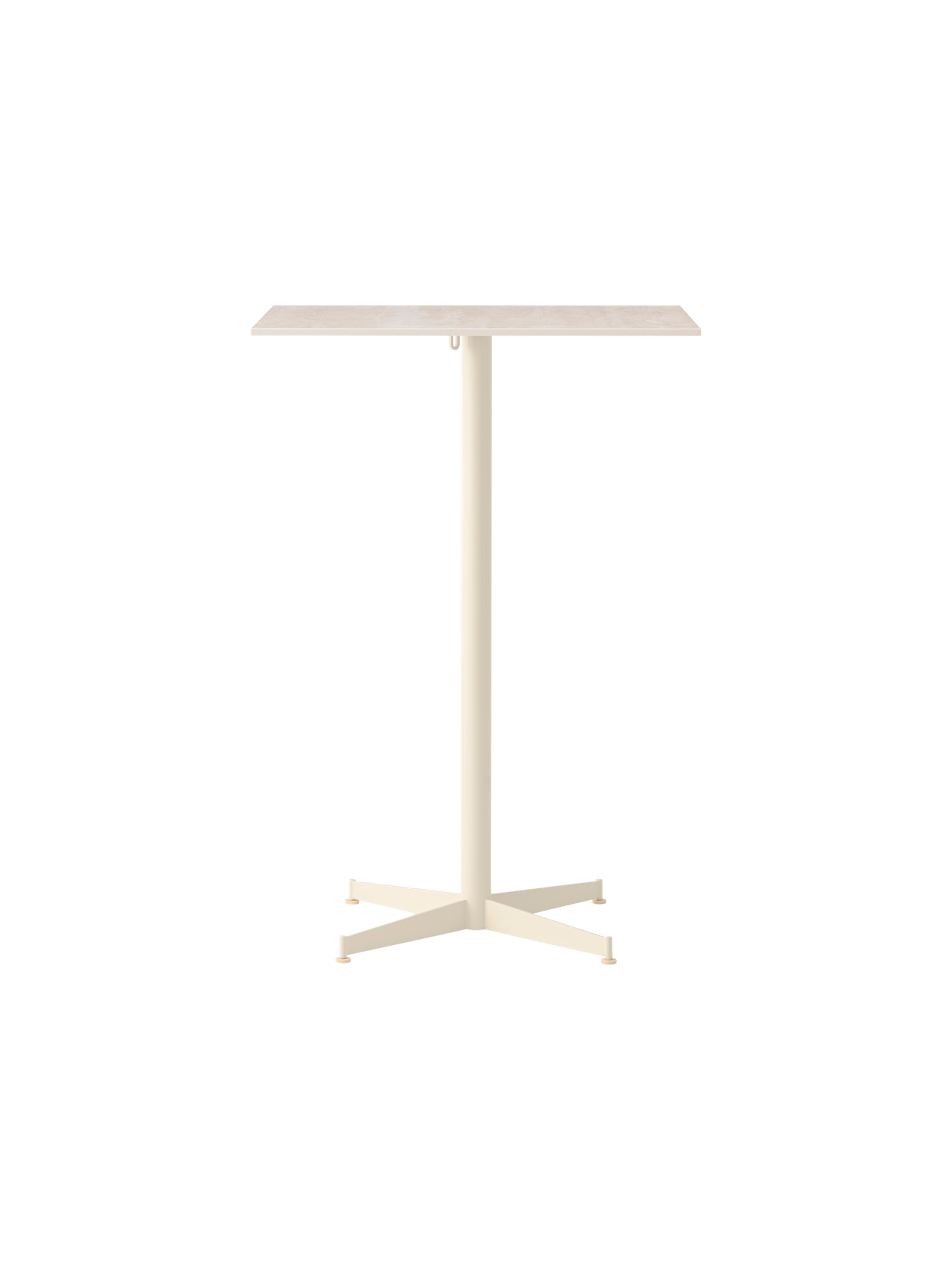 Front view of the Nook Bar Table with an ivory finish, a rectangular top, and a central column with an X-shaped base.