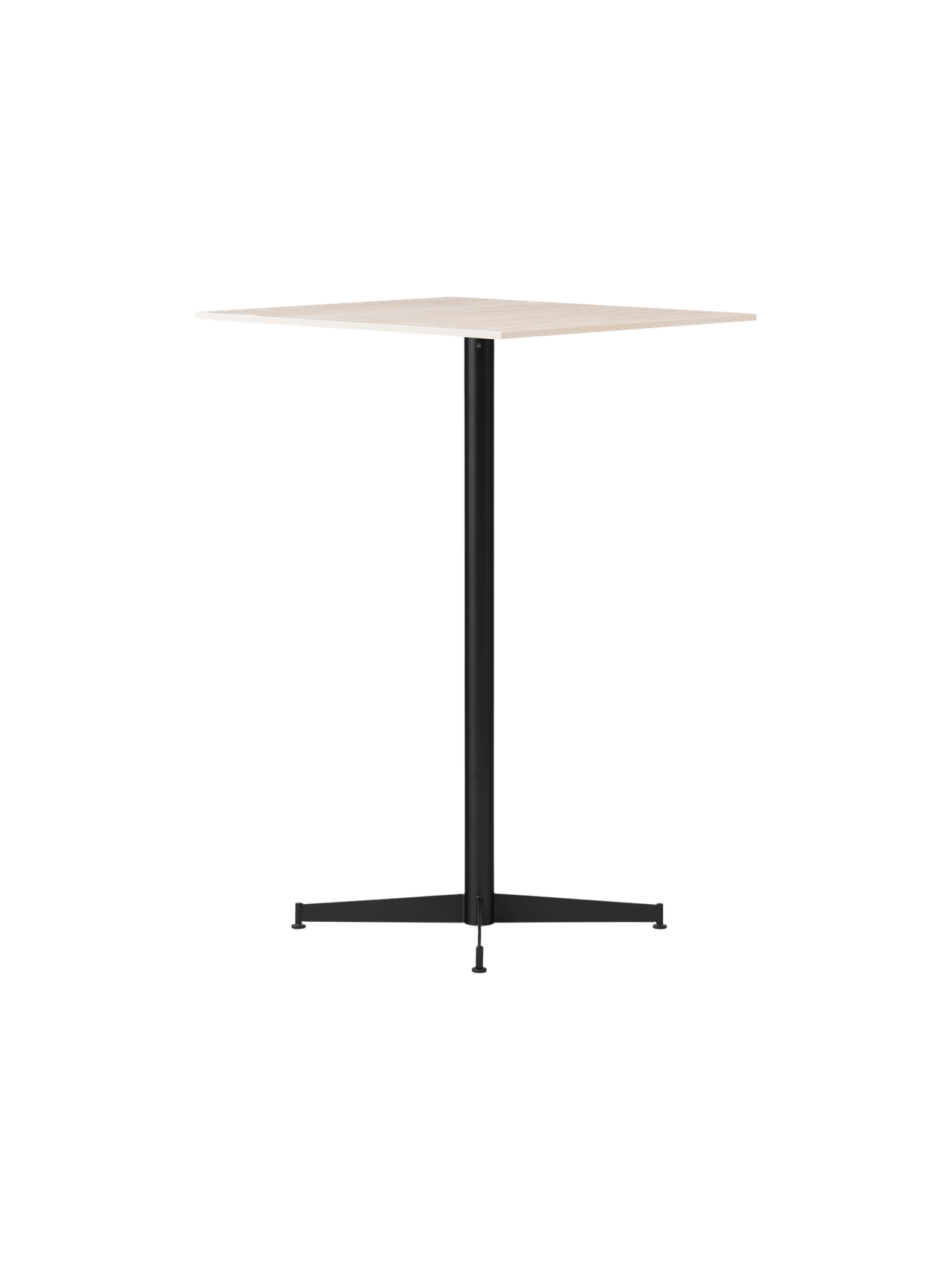 The Nook Bar Table shown from an angle, featuring a square light-coloured tabletop and a black powder-coated steel base.