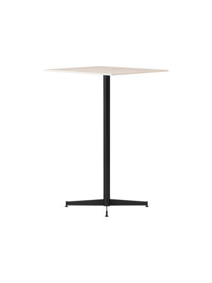 The Nook Bar Table shown from an angle, featuring a square light-coloured tabletop and a black powder-coated steel base.