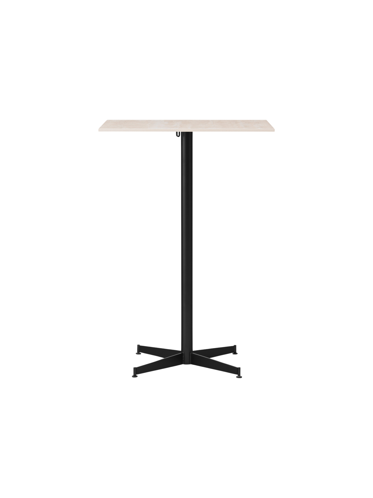 Front view of the Nook Bar Table with a light-coloured rectangular top and a slim black steel base with four legs.