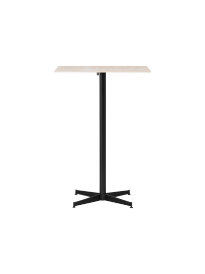 Front view of the Nook Bar Table with a light-coloured rectangular top and a slim black steel base with four legs.