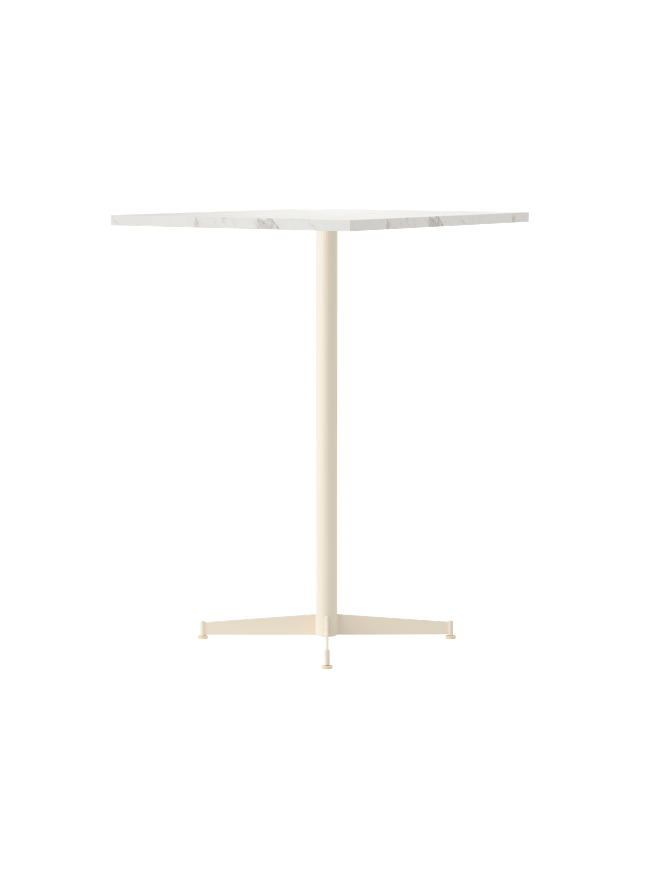 Nook Bar Table with an ivory powder-coated steel base and a round, white Estremoz marble tabletop, viewed from an angle.