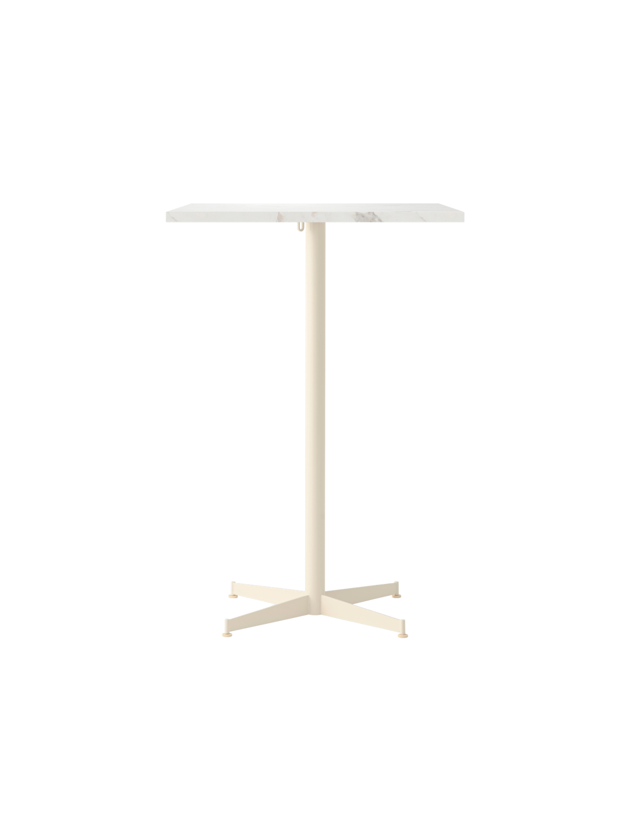 Front view of the Nook Bar Table, featuring a rectangular white marble top on a sleek ivory powder-coated steel base.