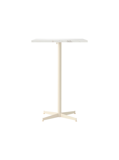 Front view of the Nook Bar Table, featuring a rectangular white marble top on a sleek ivory powder-coated steel base.