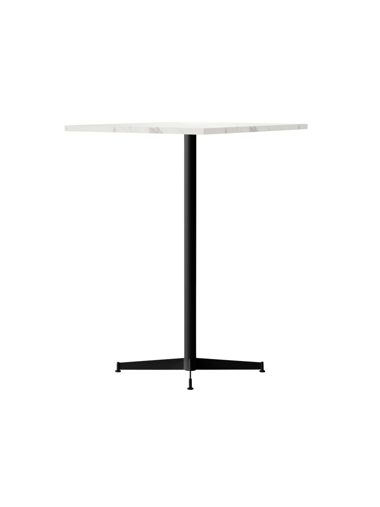 An angle view of the Nook Bar Table, featuring a round white marble top and a slim black powder-coated steel pedestal base.