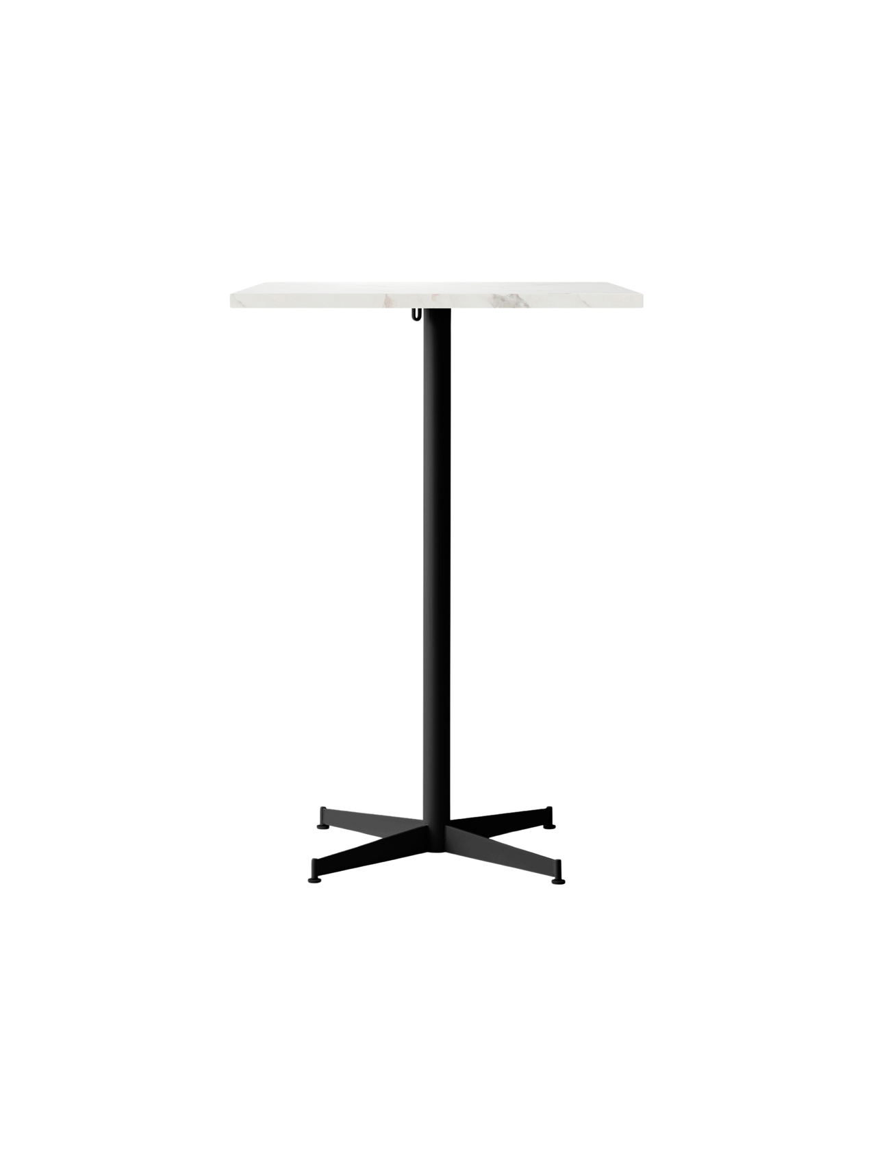 Front view of the Nook Bar Table with a rectangular white marble top and a slim, black powder-coated steel pedestal base.