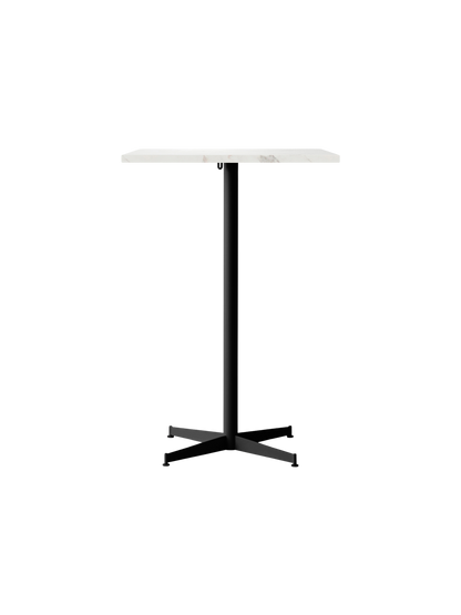 Front view of the Nook Bar Table with a rectangular white marble top and a slim, black powder-coated steel pedestal base.