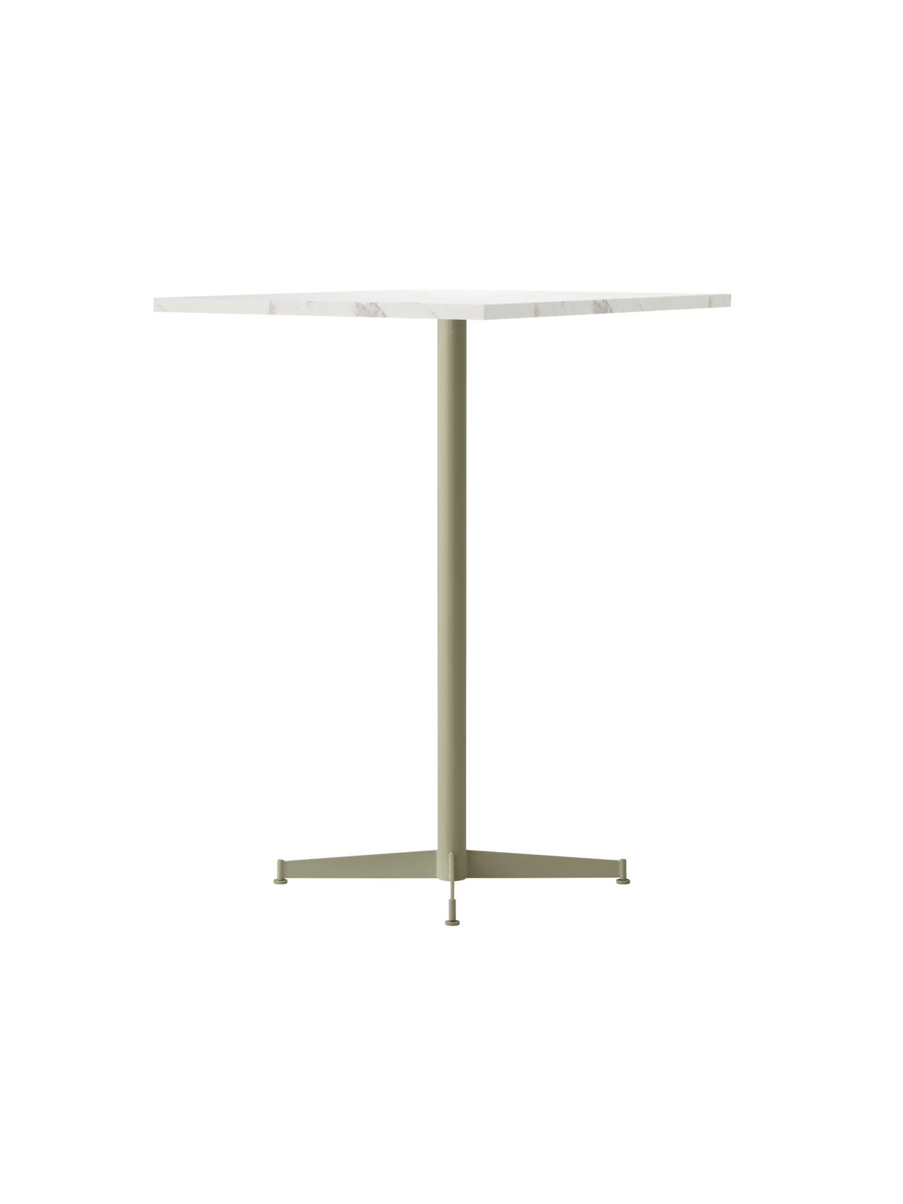 Angled view of the Nook Bar Table, featuring a round, white marble tabletop and a slender, ivory-coloured pedestal base.