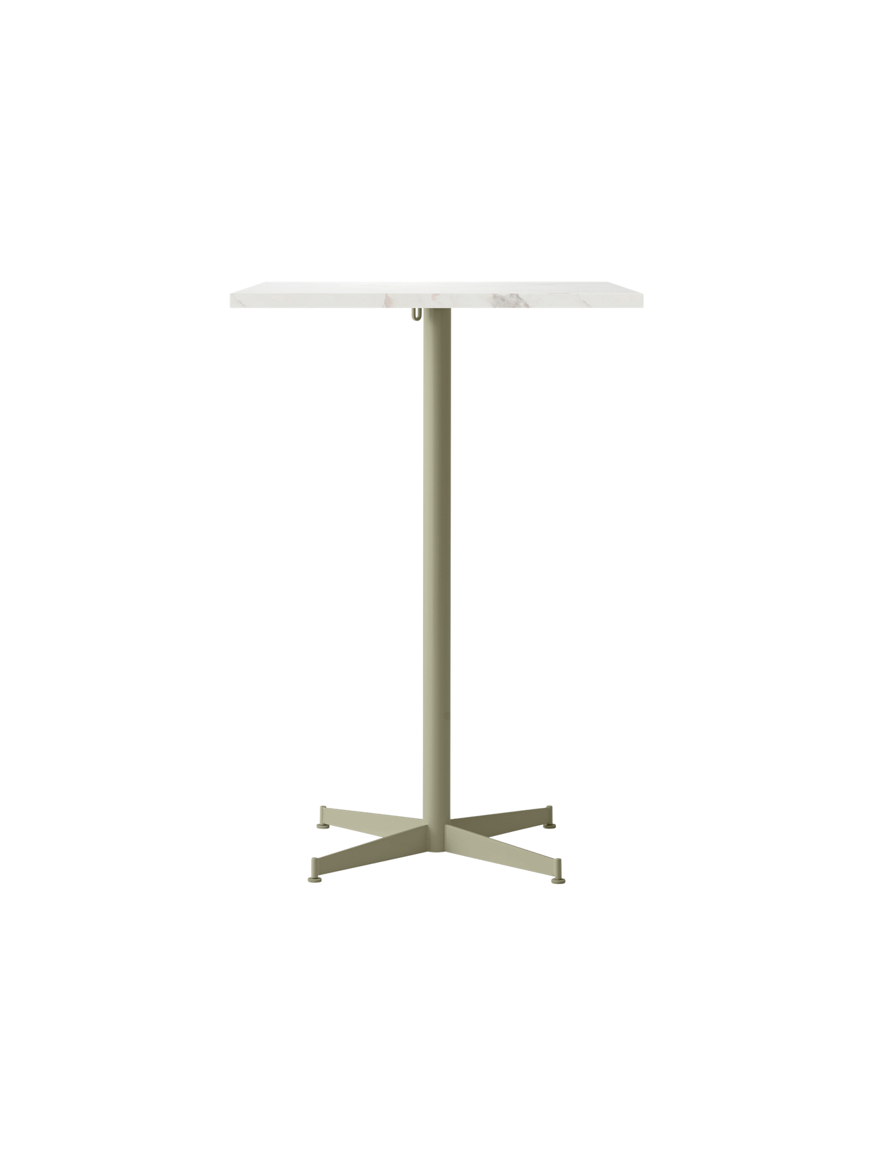 Front view of the Nook Bar Table, featuring a rectangular white stone top and pale olive powder-coated steel pedestal base.