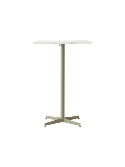 Front view of the Nook Bar Table, featuring a rectangular white stone top and pale olive powder-coated steel pedestal base.