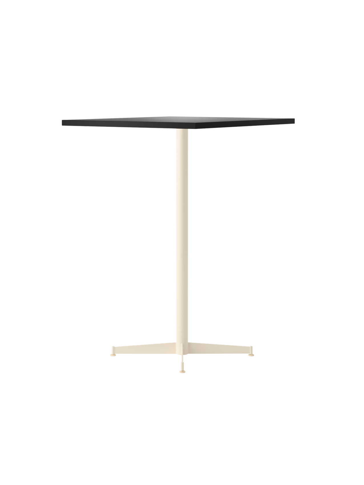 The Nook Bar Table, angled to show its rectangular charcoal linoleum top and slender, four-pronged ivory steel base.
