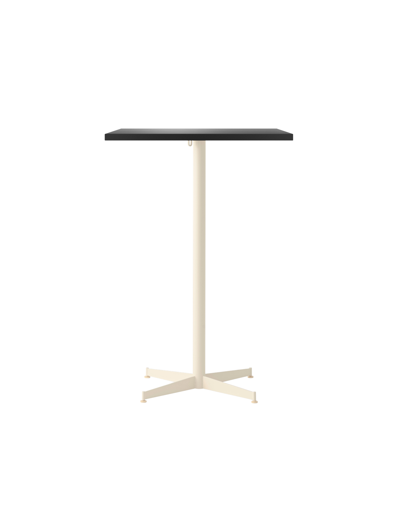 Front view of the Nook Bar Table, with a rectangular dark tabletop and a contrasting ivory, four-pronged steel base.