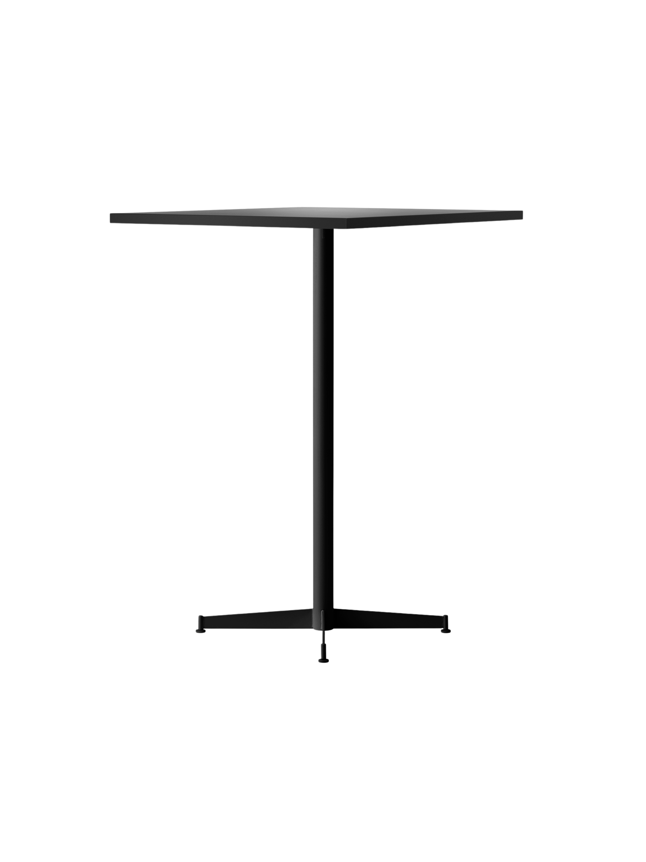 An angled profile of the Nook Bar Table, featuring a dark, thin tabletop and a black powder-coated steel stem and base.
