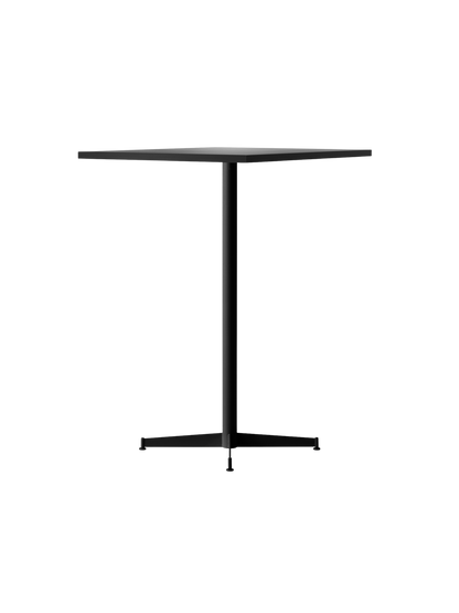 An angled profile of the Nook Bar Table, featuring a dark, thin tabletop and a black powder-coated steel stem and base.
