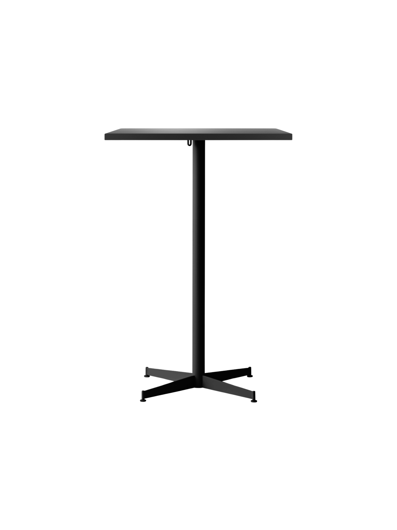 Front view of the Nook Bar Table in black, showing its rectangular top, slim central pedestal, and four-legged cross base.