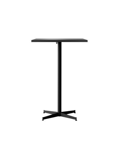 Front view of the Nook Bar Table in black, showing its rectangular top, slim central pedestal, and four-legged cross base.