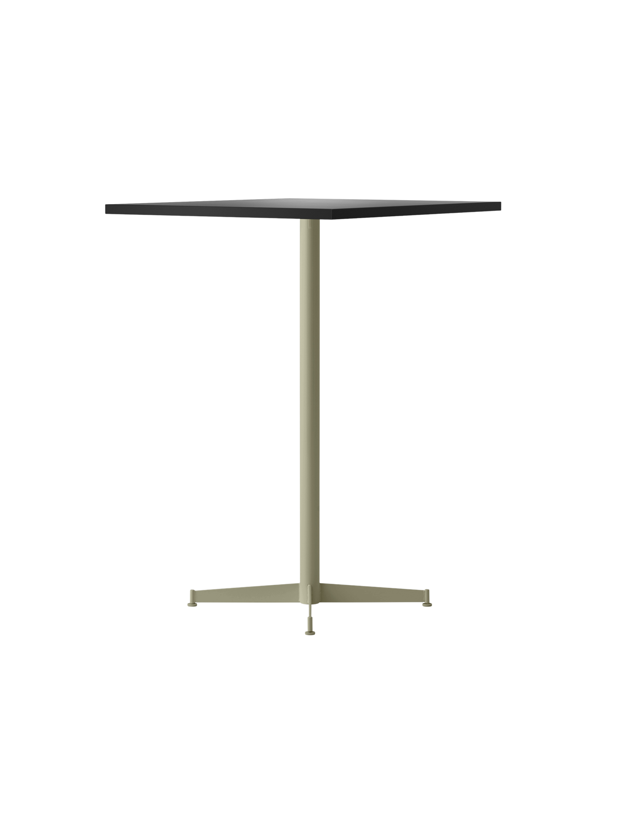 The Nook Bar Table, seen from an angle, featuring a dark rectangular tabletop and an olive-coloured powder-coated steel base.