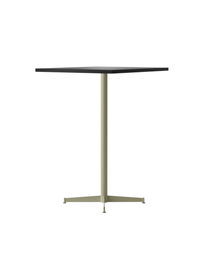 The Nook Bar Table, seen from an angle, featuring a dark rectangular tabletop and an olive-coloured powder-coated steel base.