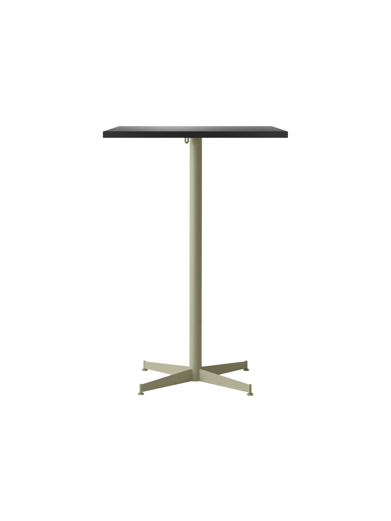Front view of the Nook Bar Table with a charcoal linoleum rectangular top and an olive powder-coated steel pedestal base.