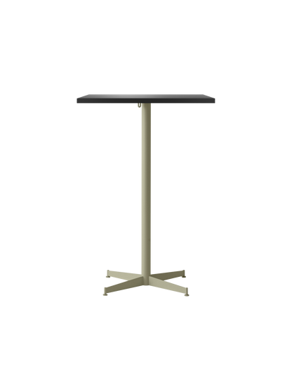 Front view of the Nook Bar Table with a charcoal linoleum rectangular top and an olive powder-coated steel pedestal base.