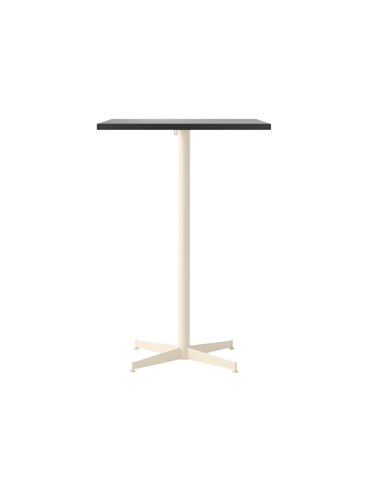 Front view of the Nook Bar Table, featuring a rectangular dark tabletop and a single pedestal ivory base with four legs.