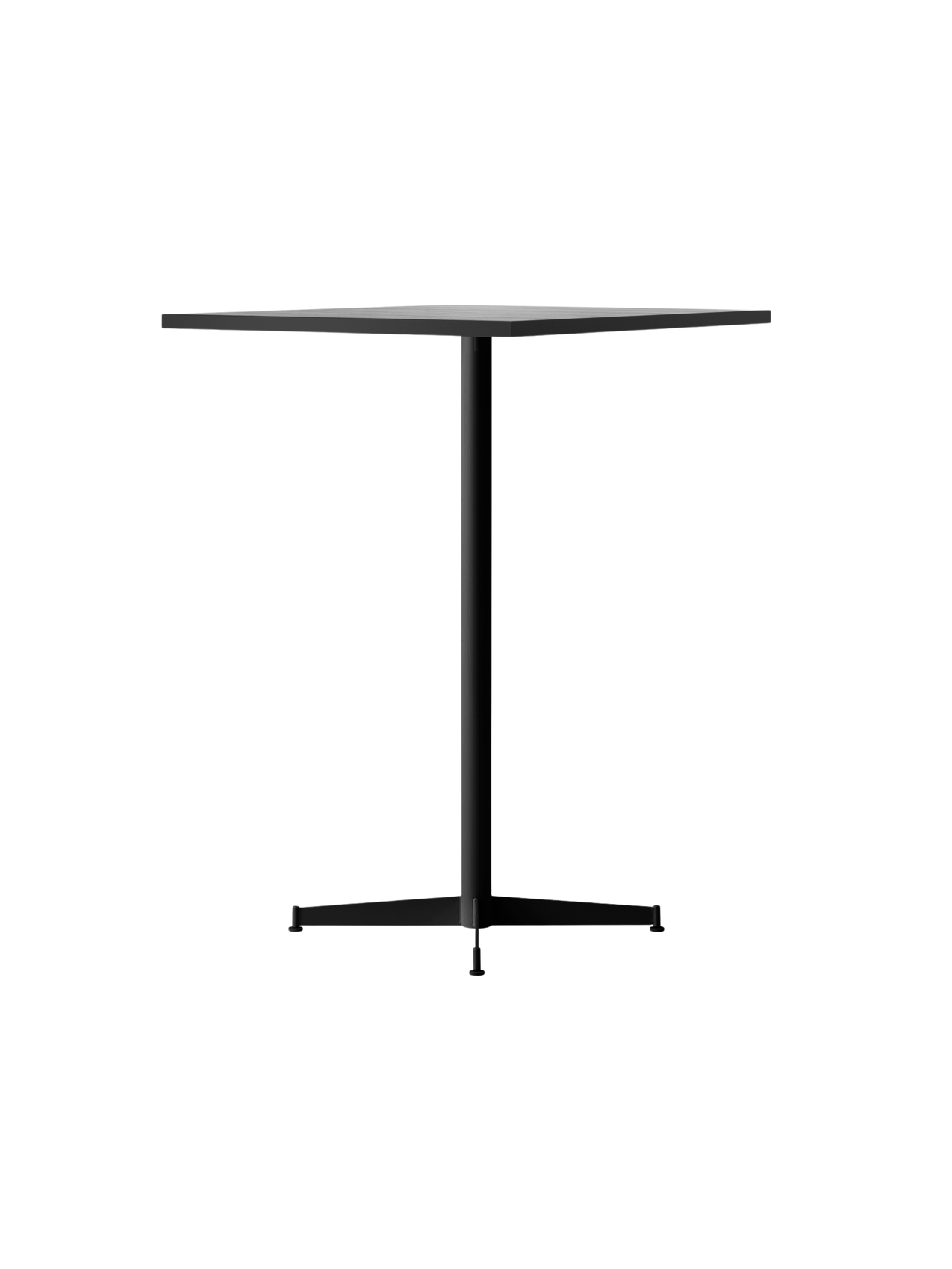 An angled view of the Nook Bar Table, featuring a light-coloured round top and a slim black powder-coated steel base.