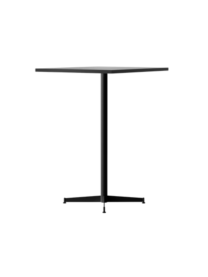 An angled view of the Nook Bar Table, featuring a light-coloured round top and a slim black powder-coated steel base.