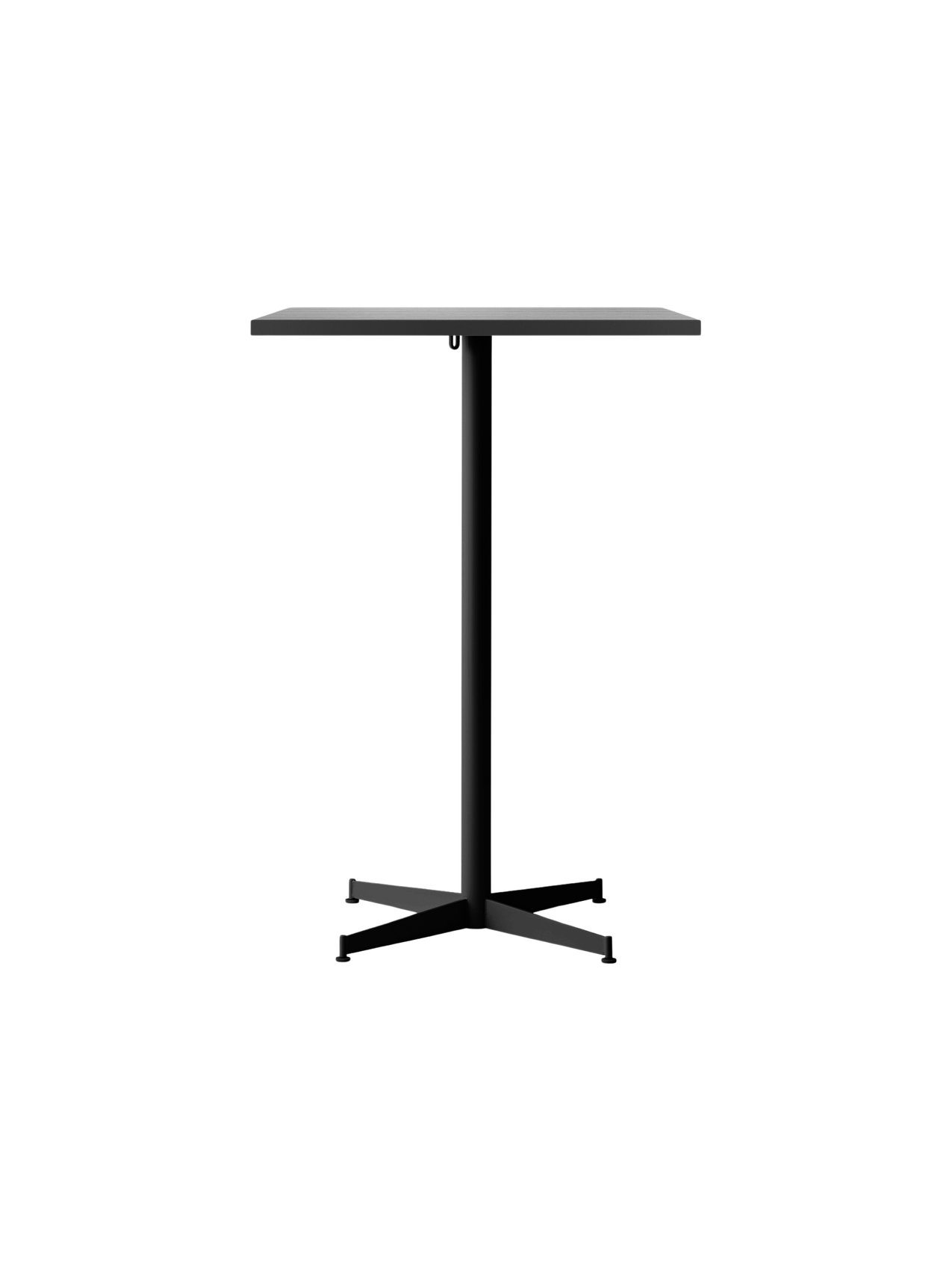 Front view of the Nook Bar Table, featuring a dark rectangular top, a slim central column, and an X-shaped base.