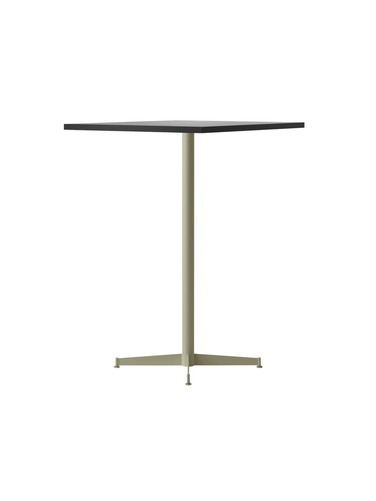 Angled view of the Nook Bar Table with a dark, rectangular tabletop and a slender, olive-coloured pedestal base on four feet.