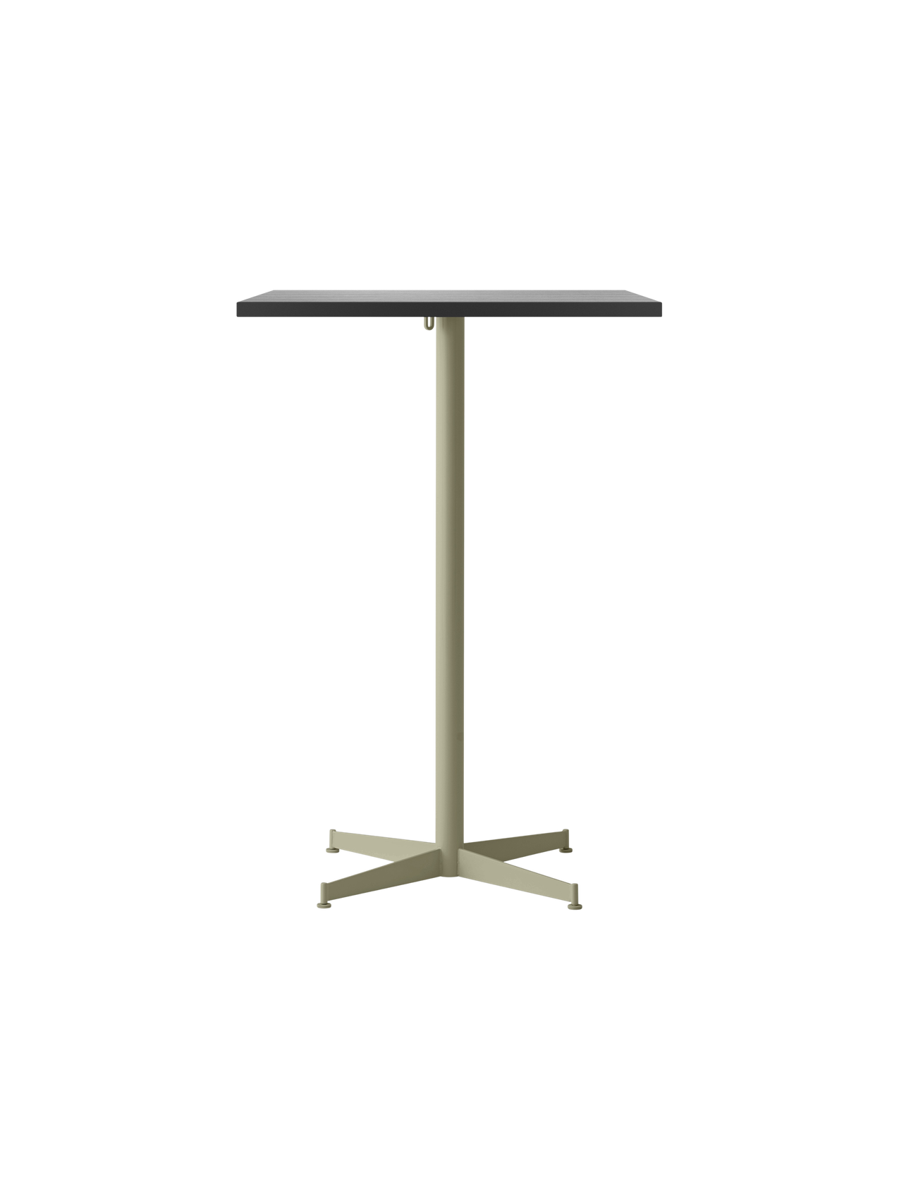 Front view of Nook Bar Table with a rectangular charcoal linoleum top and an olive powder-coated steel base with four legs.
