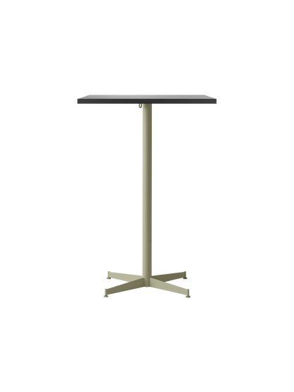 Front view of Nook Bar Table with a rectangular charcoal linoleum top and an olive powder-coated steel base with four legs.