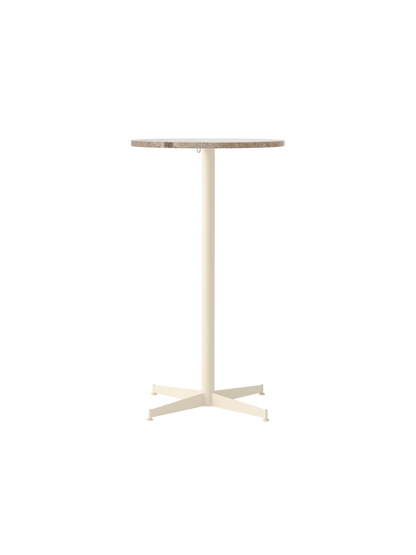 Front view of the Nook Bar Table with a round Kunis Breccia stone tabletop on a slender, ivory powder-coated steel base.
