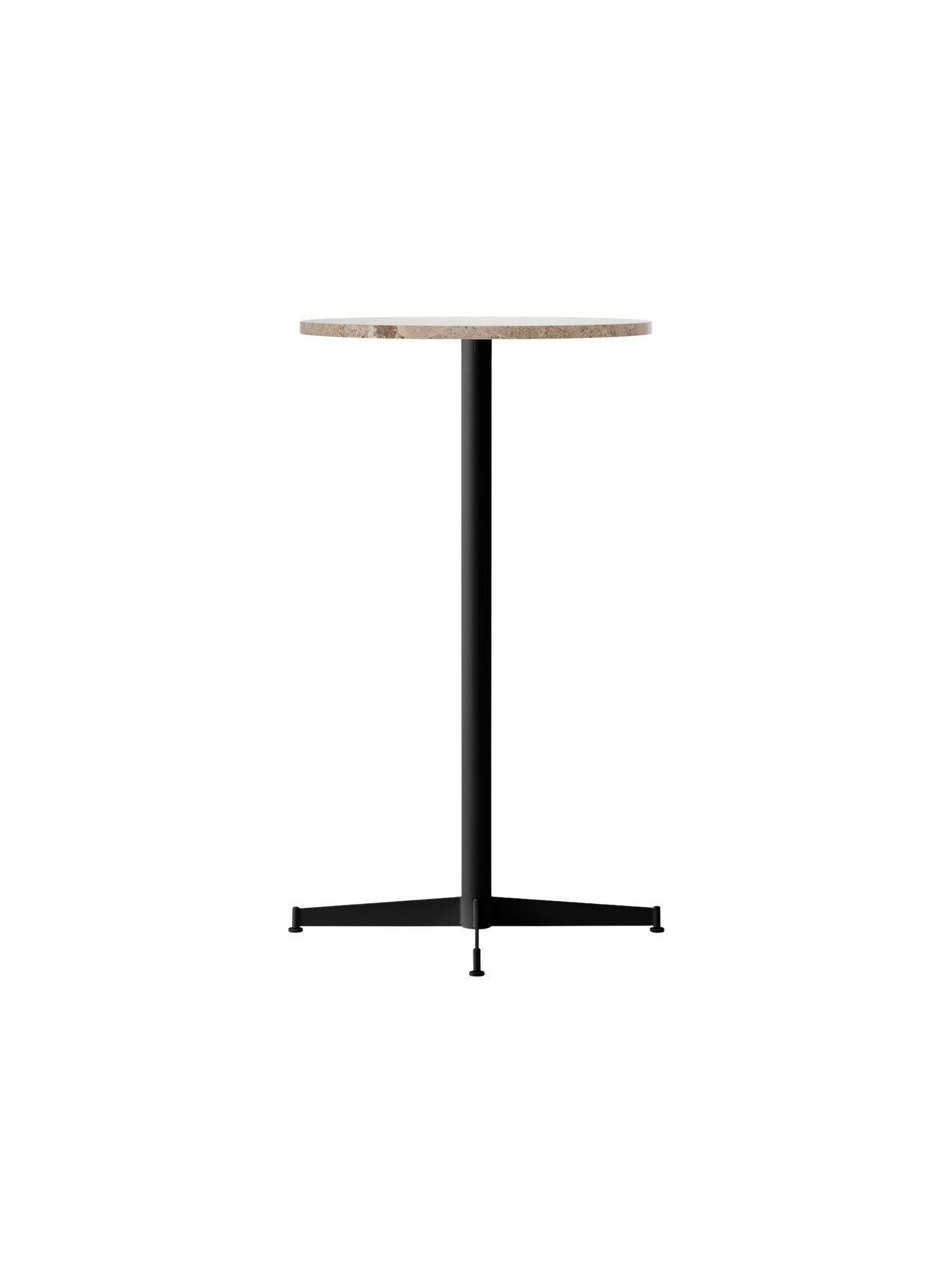 The Nook Bar Table shown at an angle, featuring a round Kunis Breccia stone top and a slender black powder-coated steel base.