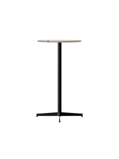 The Nook Bar Table shown at an angle, featuring a round Kunis Breccia stone top and a slender black powder-coated steel base.
