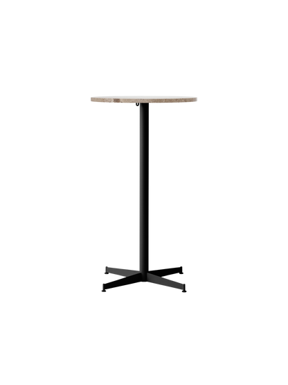Front view of the Nook Bar Table, featuring a round Kunis Breccia stone top and a slender black powder-coated steel base.