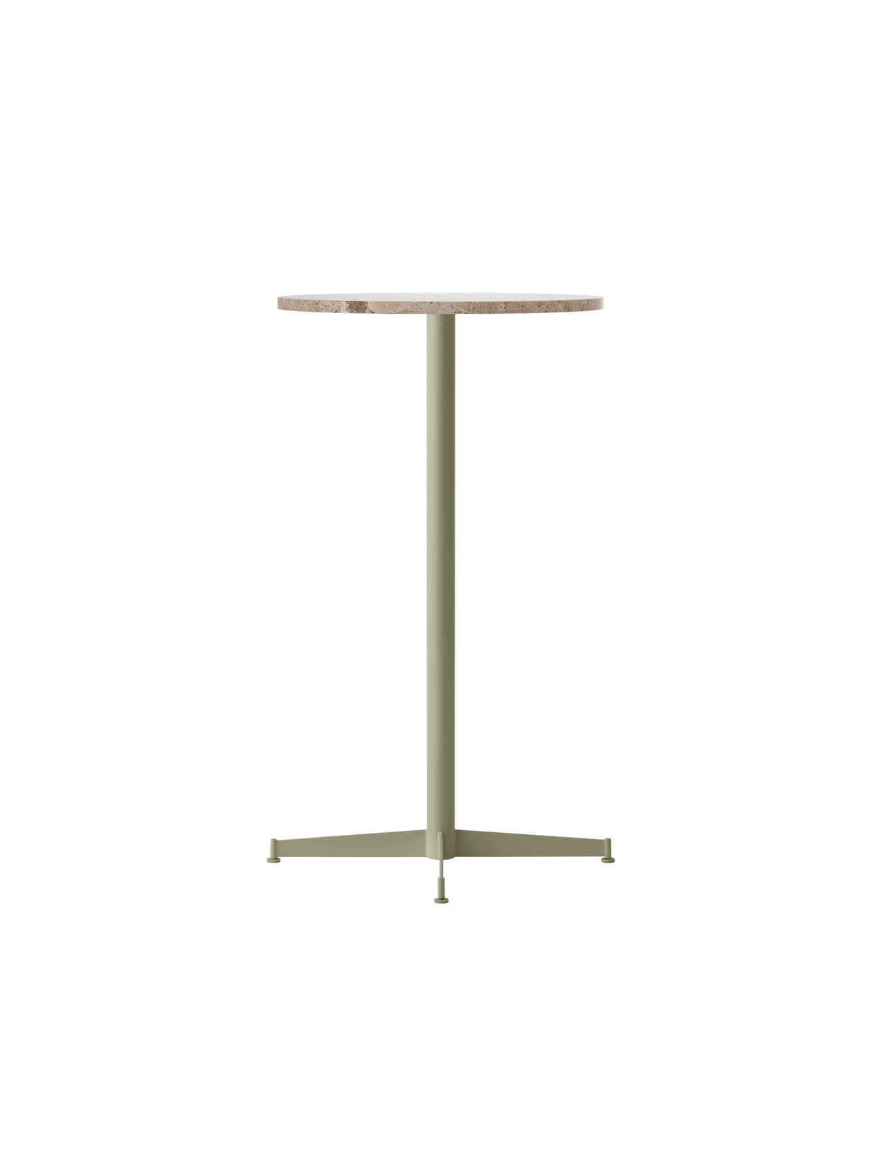 The Nook Bar Table with a round Kunis Breccia stone top and an olive green base, shown at an angle on a black background.
