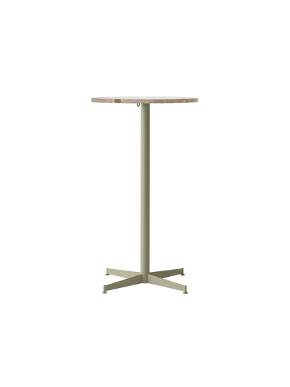 Front view of the Nook Bar Table featuring a round Kunis Breccia stone top on a slender olive green powder-coated steel base.