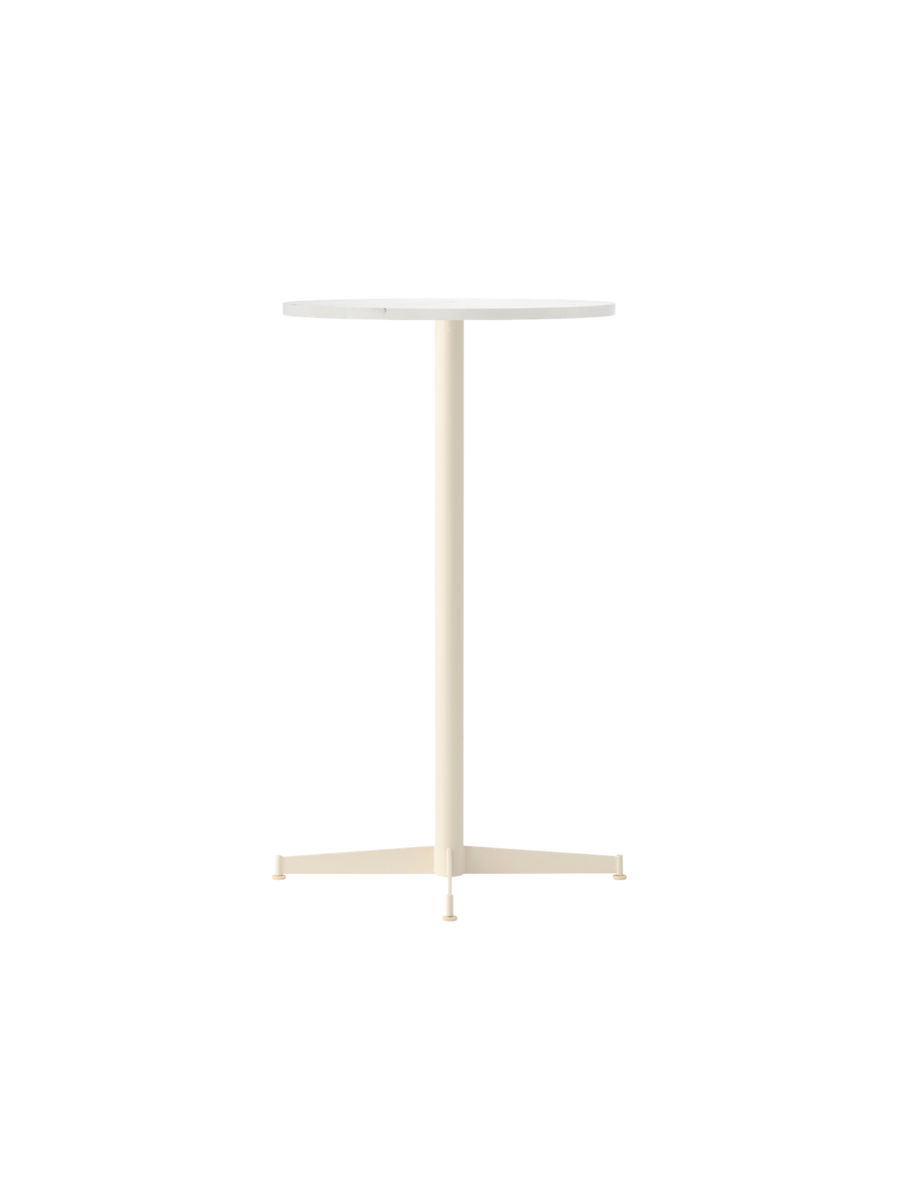 An angled view of the Nook Bar Table, featuring a round Estremoz marble top and a slim ivory-coloured steel base.