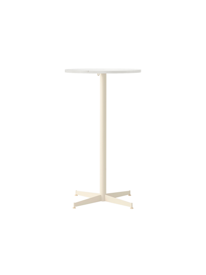 Front view of the Nook Bar Table, featuring a round Estremoz marble top on a tall, ivory powder-coated steel pedestal base.
