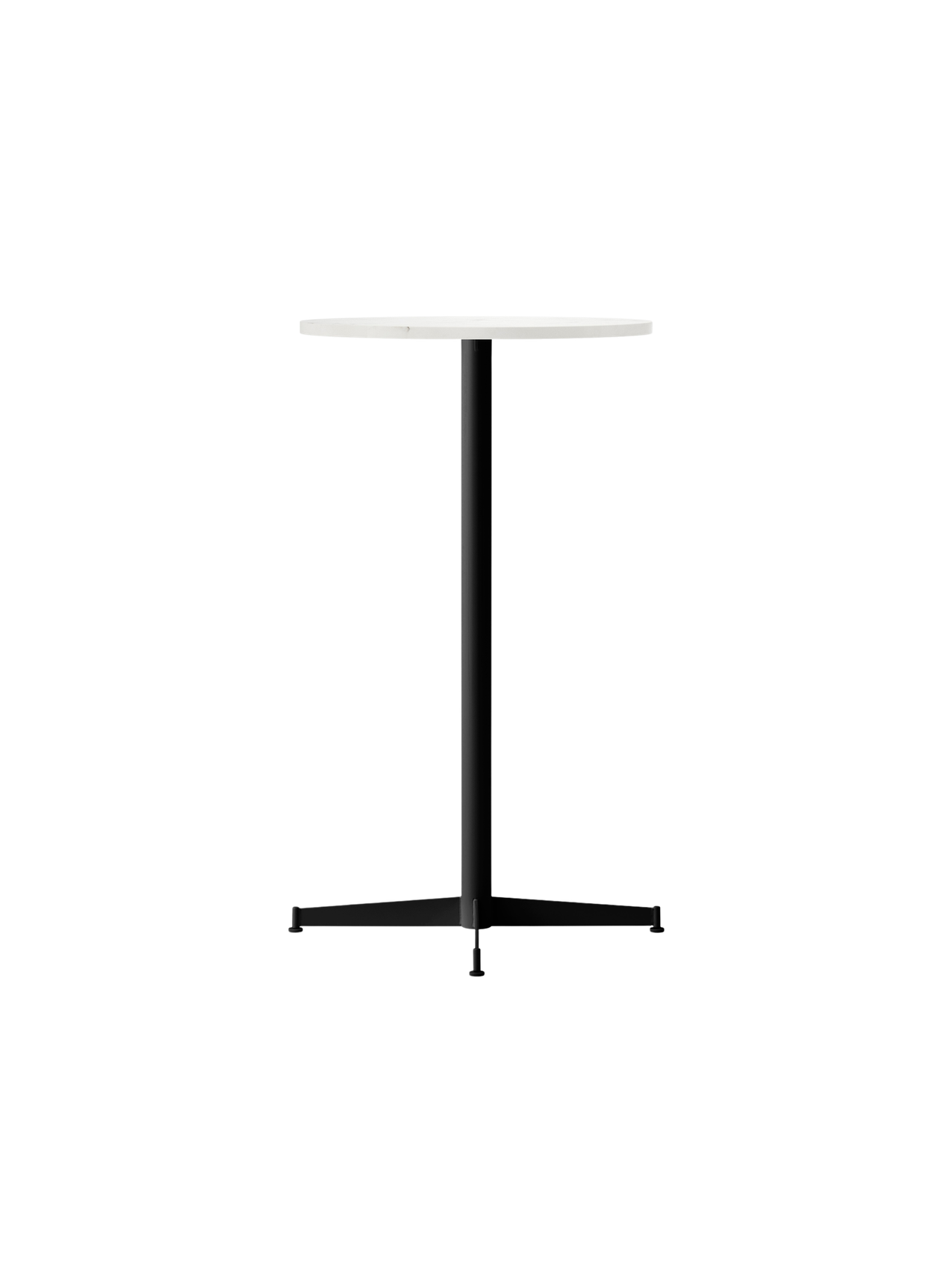 Angle view of the Nook Bar Table, featuring a round, white Estremoz marble top and a slim, black powder-coated steel base.
